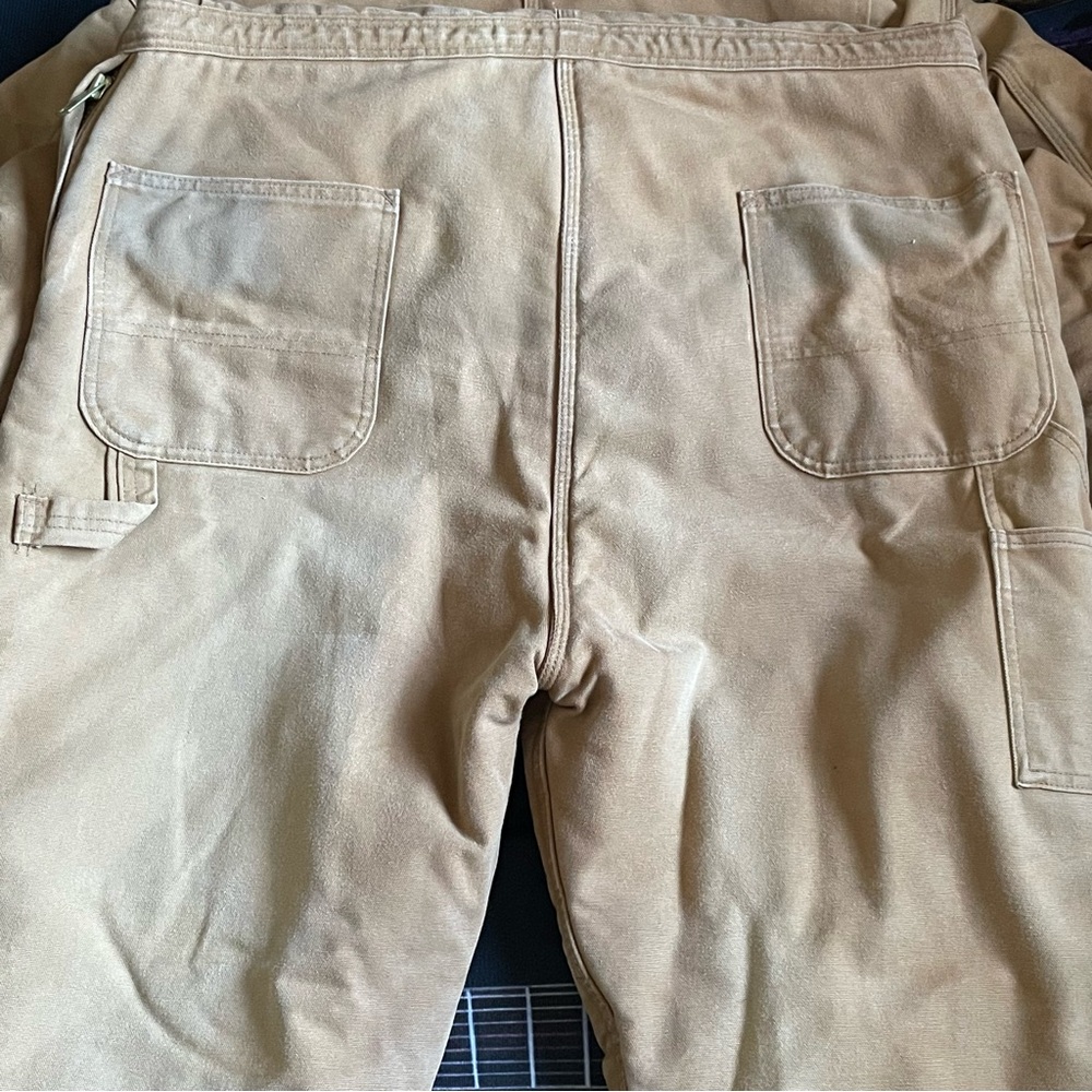 Vintage 80s Carhartt Tan Slightly Distressed Coverals W/Corduroy Collar 46 Short - Picture 9 of 16